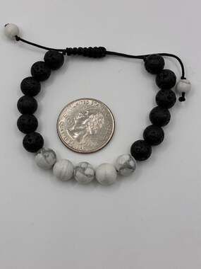 Black Lava Rock and White Howlite Stone Adjustable Beaded Bracelet